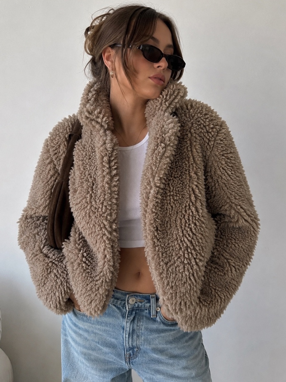 Zara Basic Teddy Sherpa Faux Shearling Jacket Taupe Beige Size L